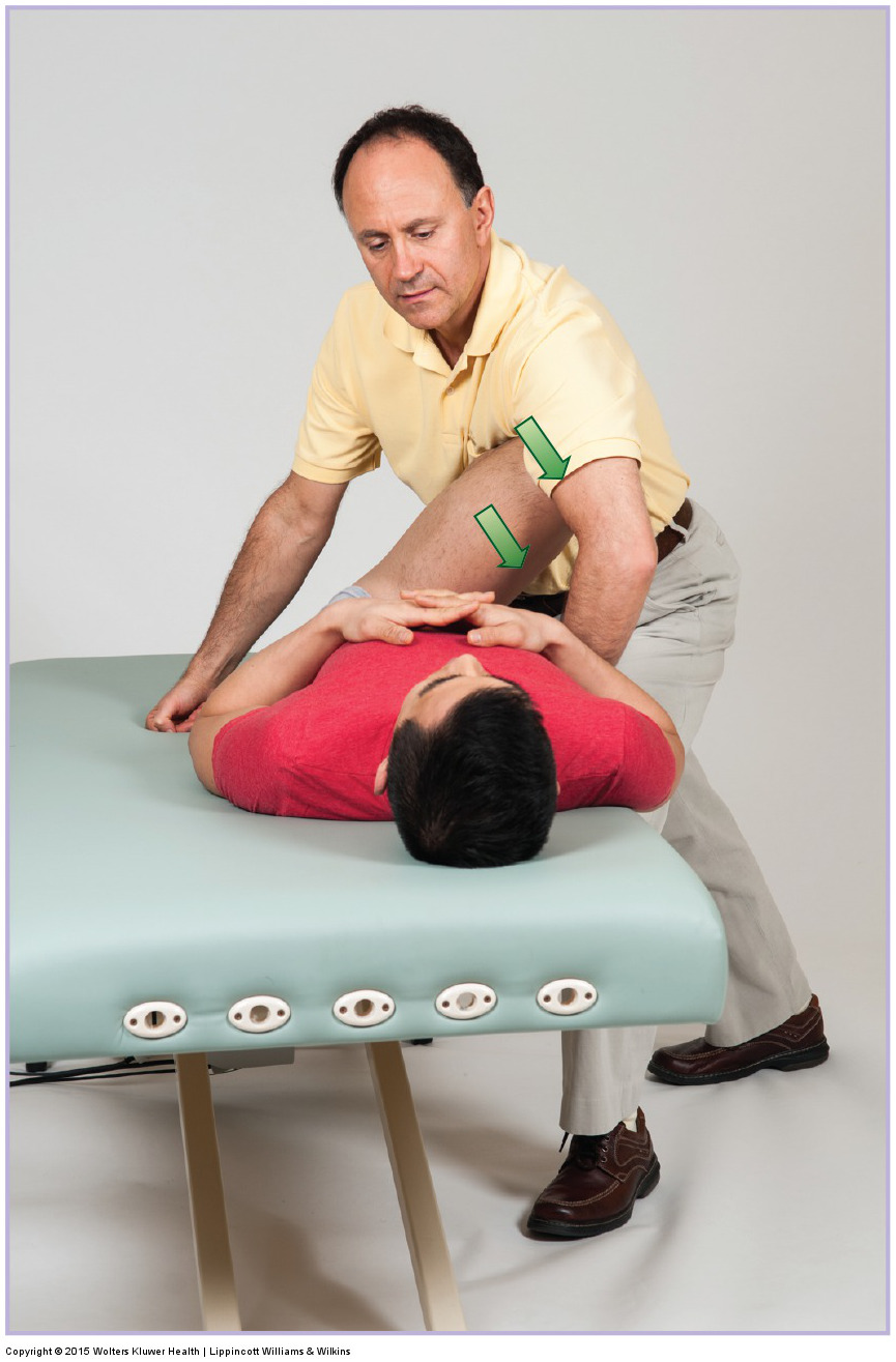 Horizontal adduction stretch for the piriformis using body weight. Permission: Joseph E. Muscolino. Manual Therapy for the Low Back and Pelvis (2015).