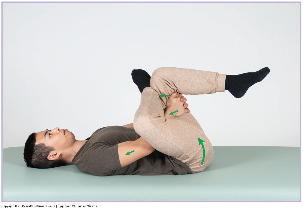 Self-care “Figure 4” stretch for the piriformis. Permission: Joseph E. Muscolino. Manual Therapy for the Low Back and Pelvis (2015).