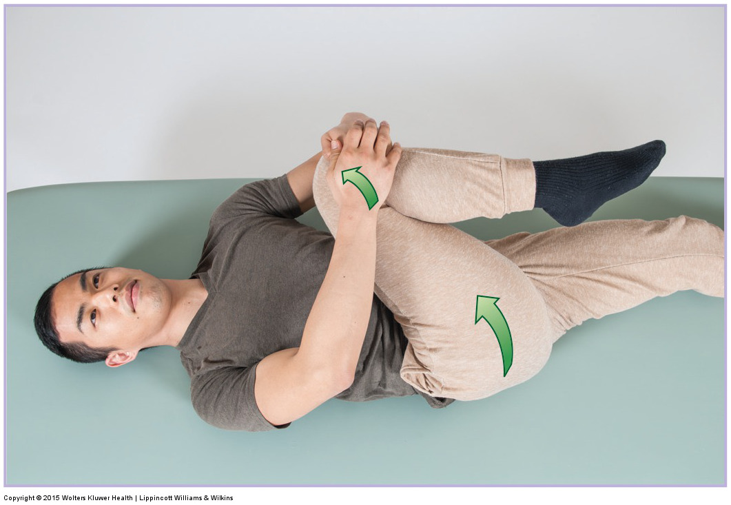 A self-care stretch for the sacroiliac joint. Permission: Joseph E. Muscolino. Manual Therapy for the Low Back and Pelvis (2015).